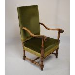 Late 17th Century-style walnut high back easy chair with acanthus-carved scroll arms on block and