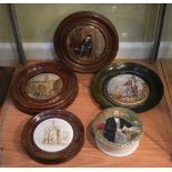Five assorted Victorian Prattware pot lids to include; On Guard, The Cross Chichester and The Late