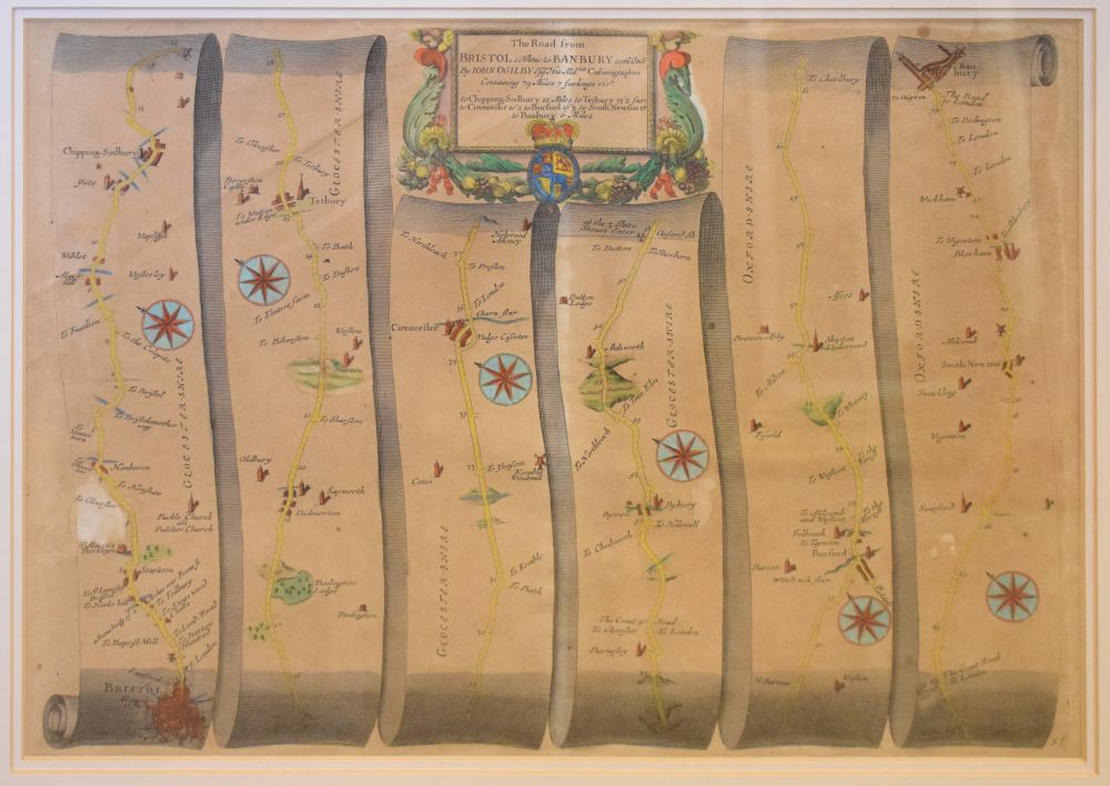 Two John Ogilby hand-coloured maps, the road from Bristol to Banbury, and the road from London to