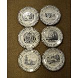 Set of six 19th Century French transfer-printed pottery plates by Gien documenting scenes in the