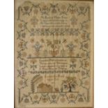 Victorian sampler worked by Elizabeth Ann Bayley aged 8 years, 1843, the embroidered text with verse