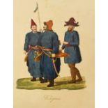 Album of 19th Century French hand-coloured engraved prints depicting soldiers, national costumes etc