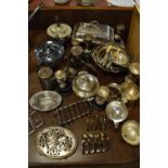 Large selection of silver plated wares to include; toast racks, chocolate pot, entrée or vegetable