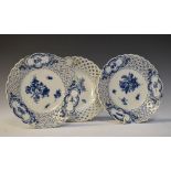Pair of Continental porcelain plates, probably Meissen, having pierced borders and under glaze