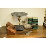 Late Victorian cast iron and brass revolving trivet, two pairs of bookends and Frith sculpture of