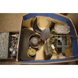 Assorted collectables to include; grocer's scales, shoe lasts, vintage confectionery tin, etc