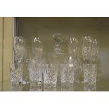 Set of six Royal Doulton glass champagne flutes, together with a decanter, pair of brandy balloons