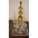 Assorted glassware to include; decanter, six champagne coupes or sundae glasses, and retro amber