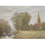 Reg Brown - Oil on canvas - Church with canal, signed lower right, 28.5cm x 38.5cm, framed