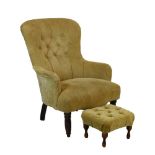 Laura Ashley deep-buttoned easy chair and footstool in matching champagne-coloured plush fabric