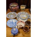 Assorted mainly 19th Century ceramics to include; apricot lustre 'Sailor's Farewell' jug, Leeds