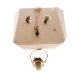 9ct gold dress ring set oval green hardstone cabochon, size Q, together with a sapphire-set