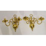 Pair of Dutch style brass two branch wall lights, each 39cm high