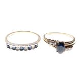 Two 9ct gold rings, the first set central faceted oval sapphire between three small diamonds to each
