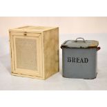 Vintage enamel bread bin and cover, and a metal meat safe with hinged door