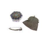White metal and enamel hexagonal trinket box, mesh purse and Chinese white metal finger nail
