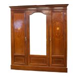 Good quality Edwardian mahogany and string inlaid triple wardrobe having central mirror glass