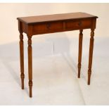 Reproduction yew-finish side table with crossbanded top over two short drawers on reeded supports,