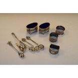 Assorted small silver to include; pair of pierced oval mustard pots with blue glass liners, three