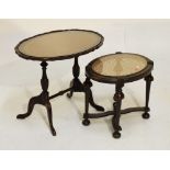 Oak oval cane topped occasional table with inset glass top, and one other reproduction mahogany oval