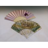 19th century French printed fan depicting couples in a landscape, with mother-of-pearl sticks,