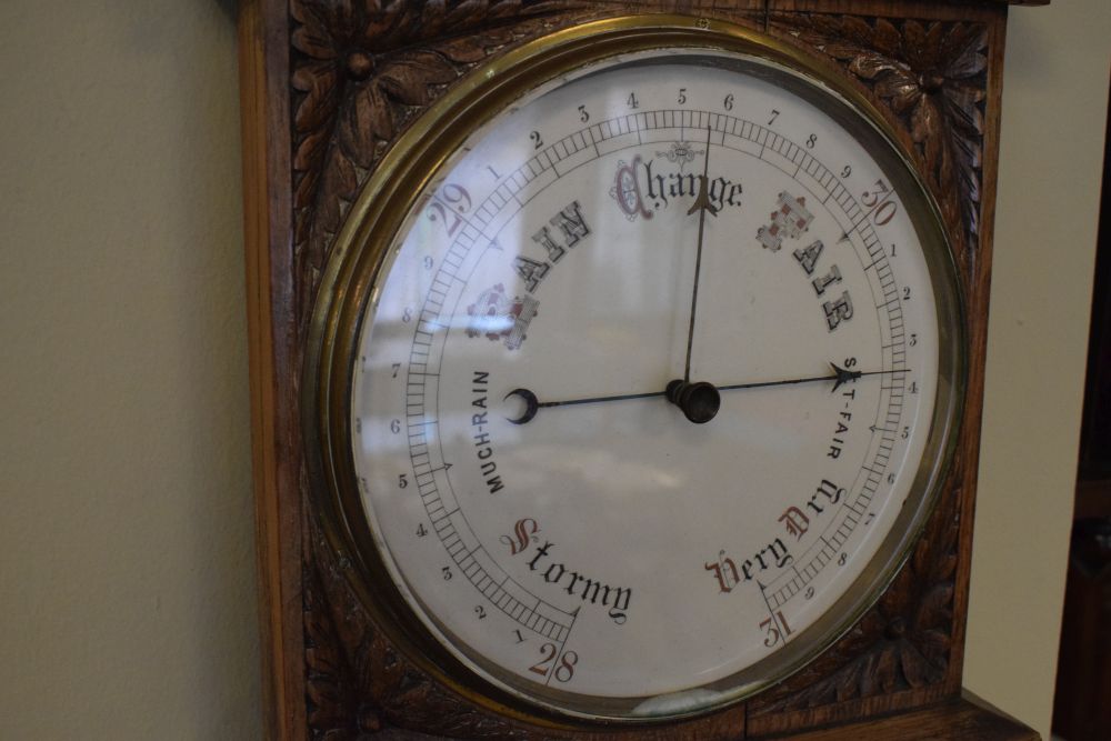 Late 19th/early 20th Century oak cased barometer having ceramic register plates and with mercury - Image 6 of 6