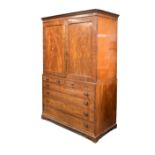 19th Century mahogany linen press, the upper section fitted five slides enclosed by a pair of