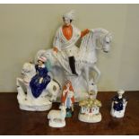 Two Staffordshire flat back figures - Garibaldi and The Queen, a Staffordshire pastille burner