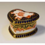 Royal Crown Derby porcelain heart shaped box decorated in Imari colours, printed marks, painted