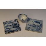 Two 18th Century Delftware tiles, each with circular view, figure fishing from a punt and