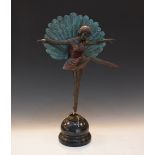 Reproduction bronze Art Deco figure of dancing female with peacock feathers, on marble base, 54.