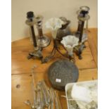 Assorted metalwares to include; pair of French Empire-style candlesticks, pair of silver-plated