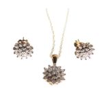 9ct gold and diamond cluster pendant, with chain and similar pair of earrings, 2.5g gross approx