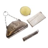 Silver visiting card case, shaped for the hip, together with crescent-shaped silver purse,