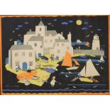 After Peggy Wickham - Circa 1950's/60's coloured print, 'Spanish Fishing Village', 43cm x 54.5cm,