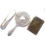 Silver-backed hand mirror, clothes brush, and silver-mounted wallet (3)