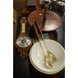 Two barometers, a circular tablestand and an early 20th Century oak and silver plated ceramic