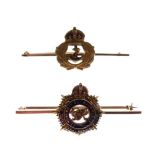 Yellow metal and enamel Army Service Corps sweetheart brooch stamped '9ct' and a similar Royal