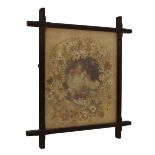 Victorian pressed flower and coloured print picture within a faceted stained pine frame, overall