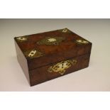 Victorian walnut and brass bound lady's sewing box, the hinged cover revealing a fitted tray with