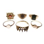 Six assorted 9ctr gold, yellow metal (stamped 9ct), and unmarked rings, 14g gross approx (6)