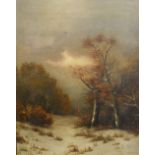Late 19th Century oil on canvas - Winter footpath through a wood with snow on the ground, in a