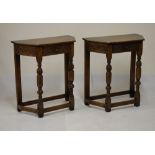 Pair of old reproduction oak 'credence'-style occasional tables, each with canted oblong top over