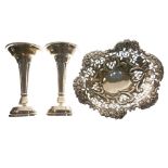 Assorted silver to include; pierced bon bon basket, pair of bud vases, flatware etc