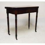 George III mahogany and rosewood rectangular fold over tea table, raised on slender turned