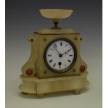 Late 19th Century French alabaster mantel clock, with three-inch Roman enamelled dial, single-