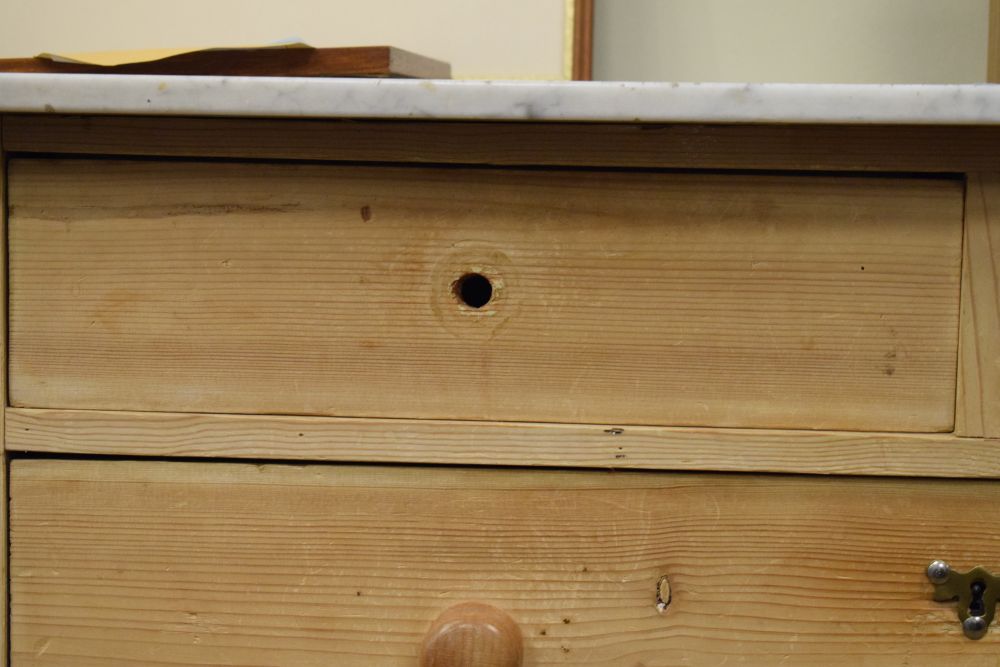 Marble-topped stripped pine washstand or chest of two short over two long drawers on swept bracket - Image 3 of 6