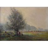 F.B. (20th Century English School) - Oil on canvas - Figure with cattle beside a tree, monogrammed
