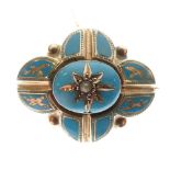 Victorian oval petal shaped brooch with turquoise enamel decoration and set seed pearls