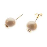 Pair of cultured pearl and diamond earstuds, the 9mm pearls drilled and set to the centre with a